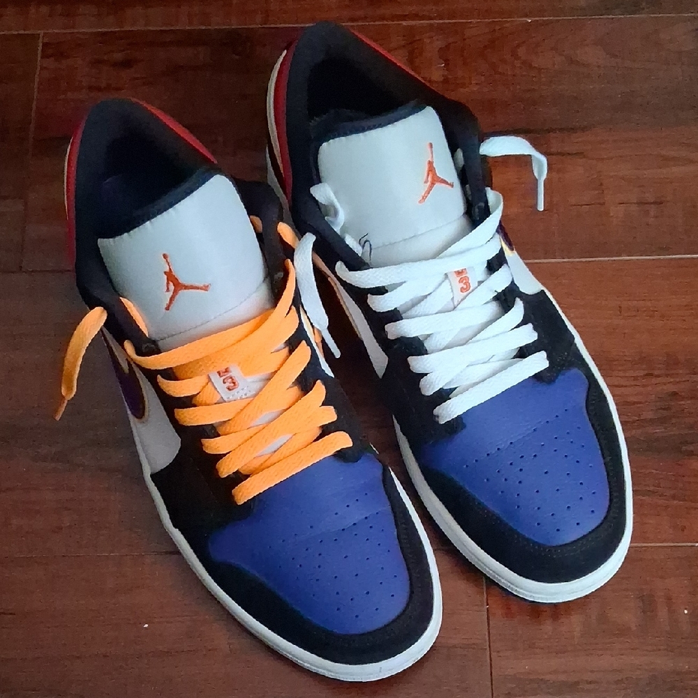 Jordan Men's Sneakers - Black, Blue, and White with Orange Accents